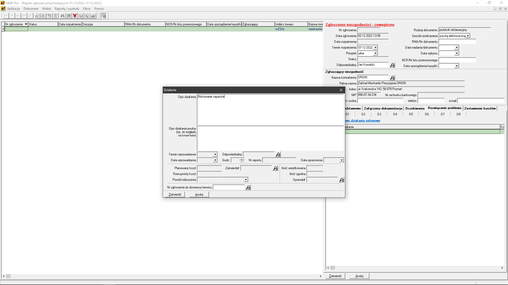 Raport 8D - dołączenie informacji o natychmiastowym działaniu osłonowym