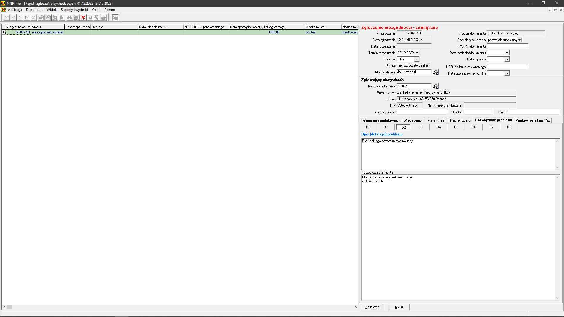 Raport 8D - opis (definicja) problemu