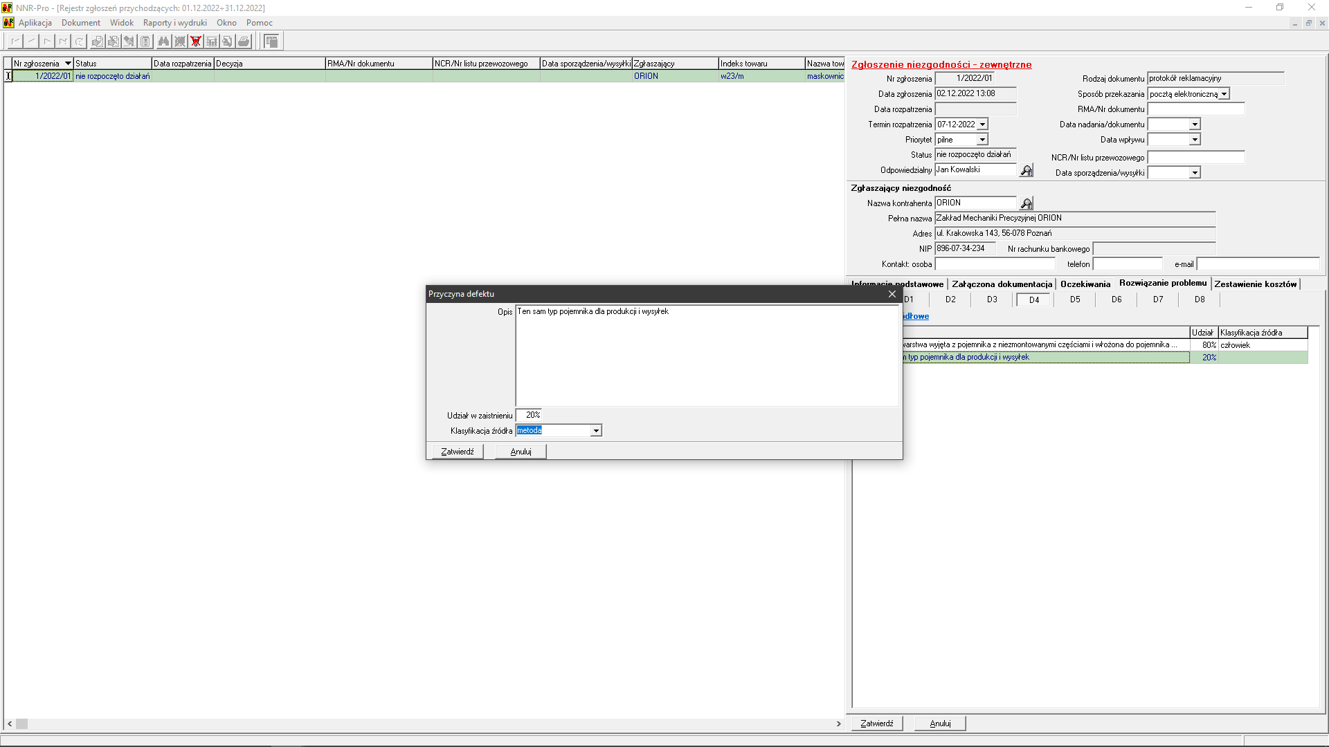 Raport 8D - dołączenie informacji o przyczynie defektu