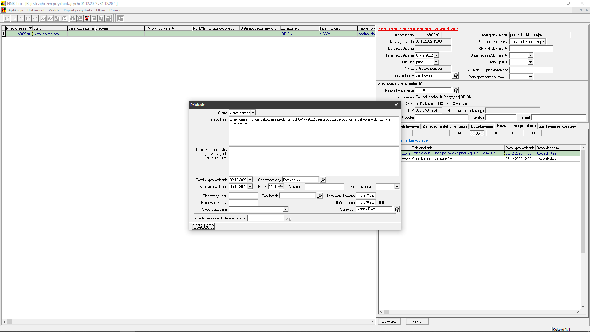 Raport 8D - wyświetlenie informacji o trwałym działaniu korygującym