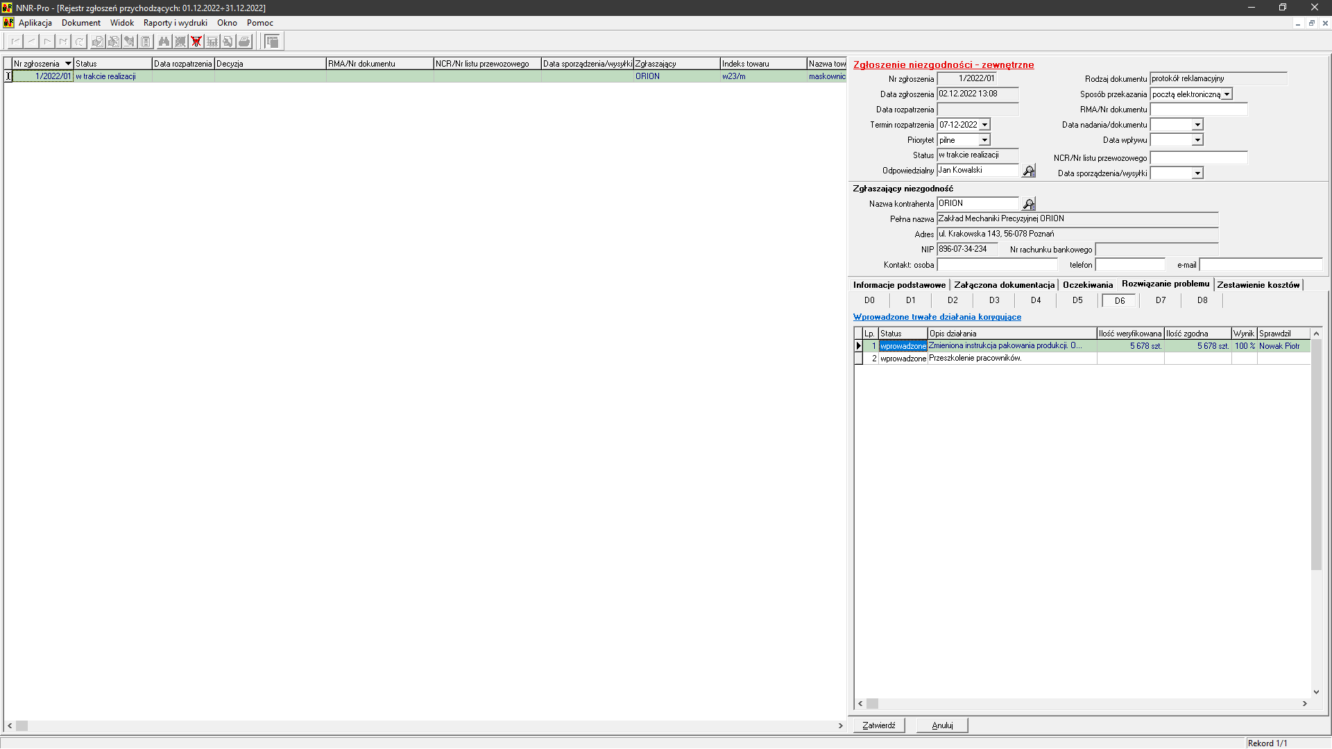Raport 8D - wprowadzone trwałe działania korygujące