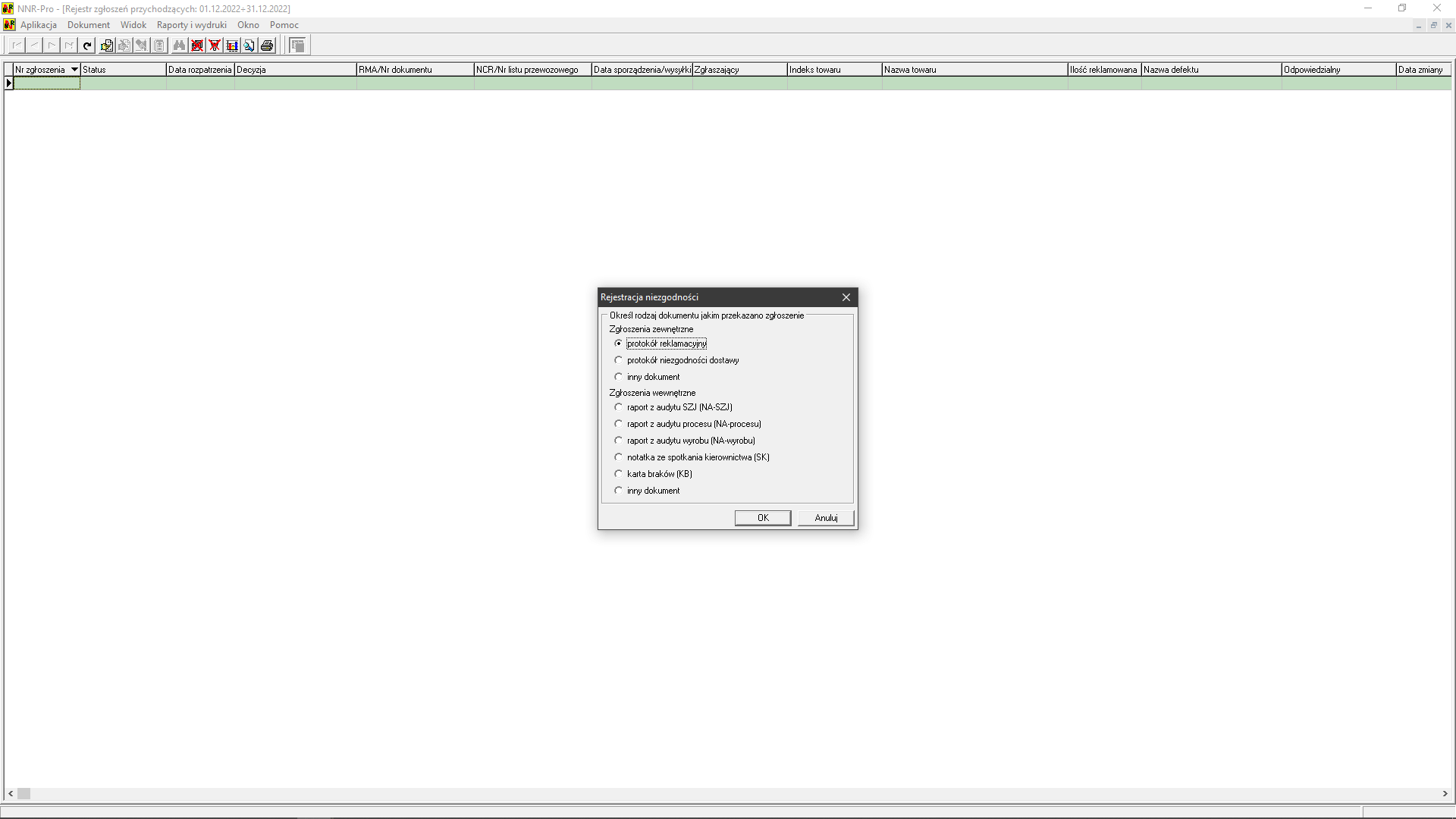 Rejestracja niezgodności - wybór rodzaju dokumentu