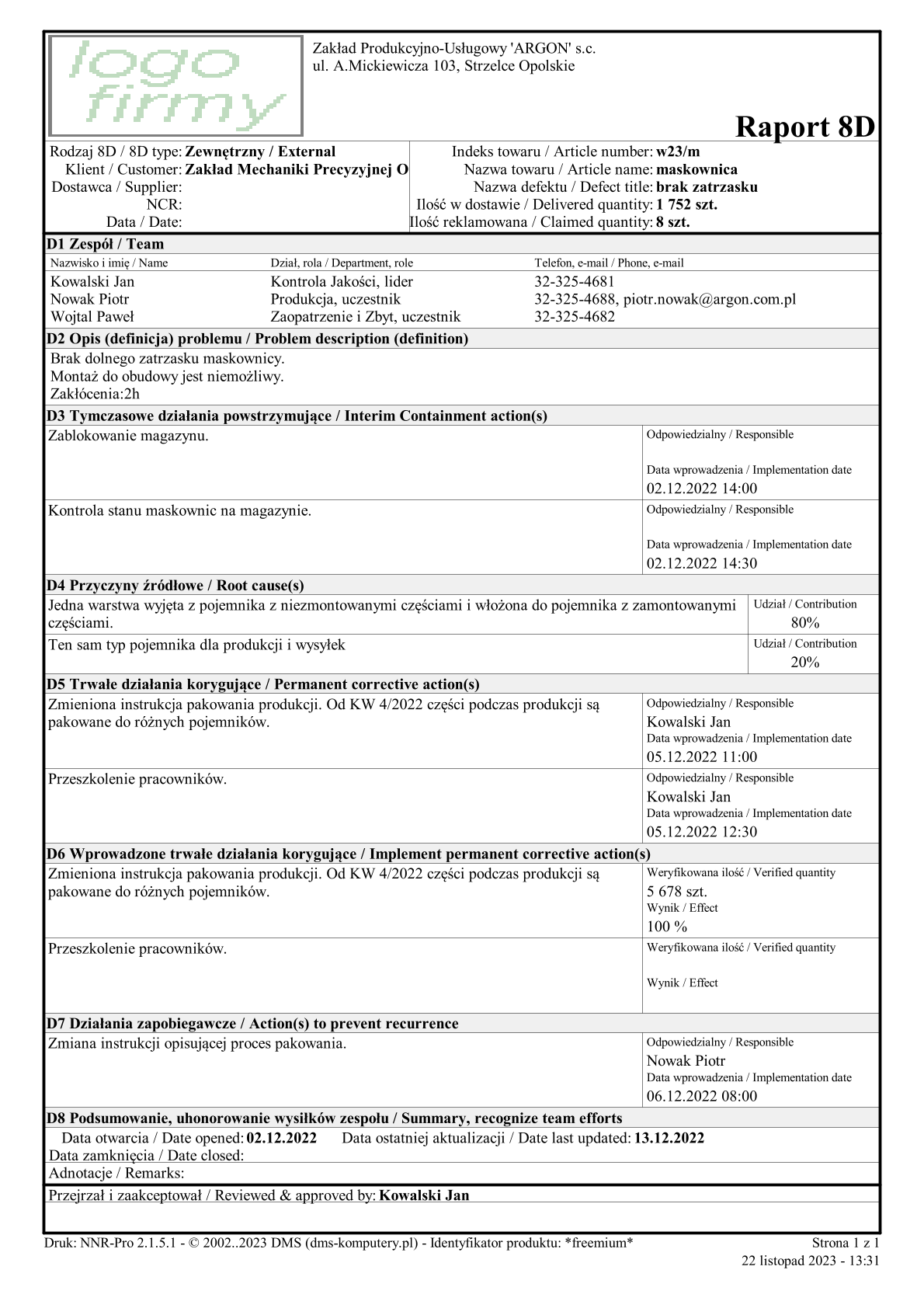 Wzór - wydruk raportu 8D