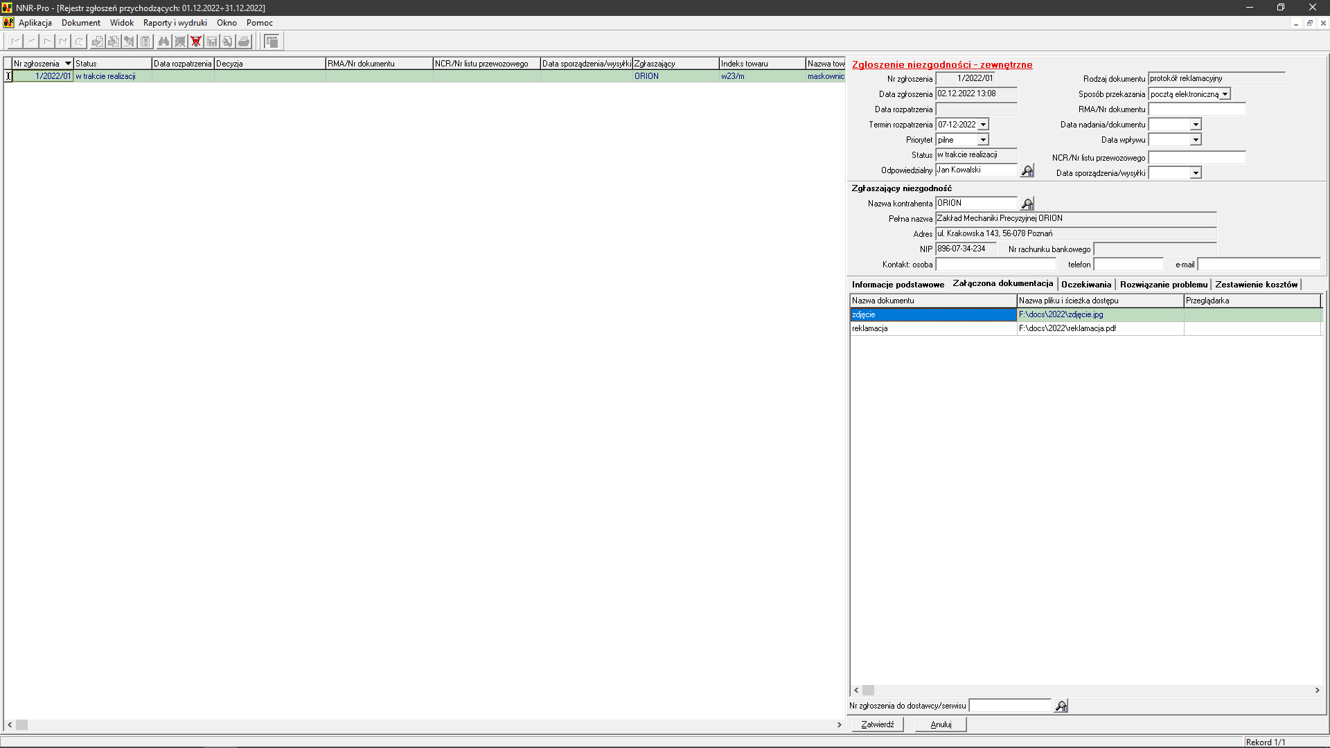 Rejestracja niezgodności - załączona dokumentacja