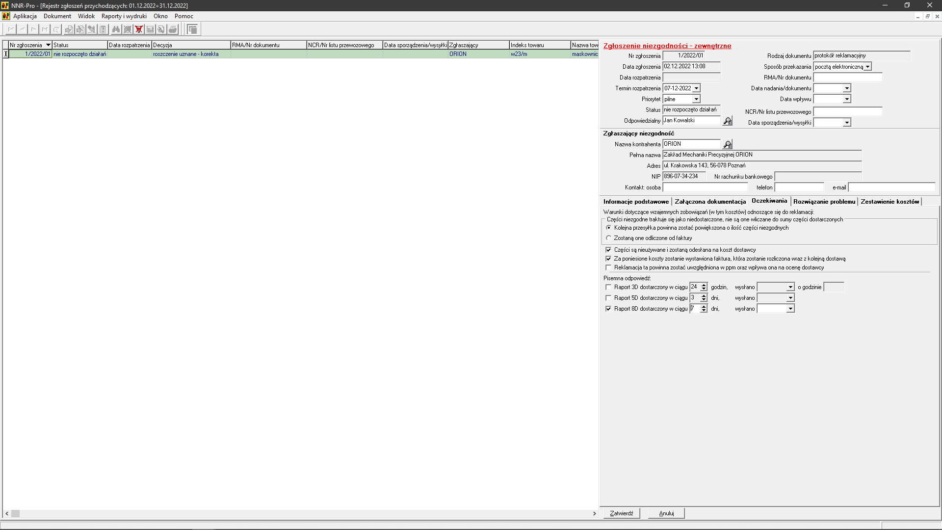 Rejestracja niezgodności - oczekiwania