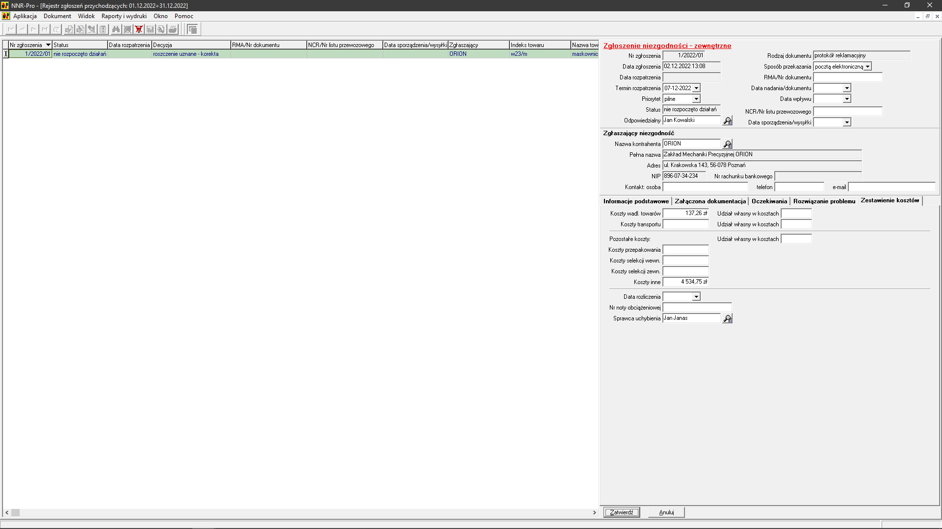 Rozliczenie niezgodności - zestawienie kosztów